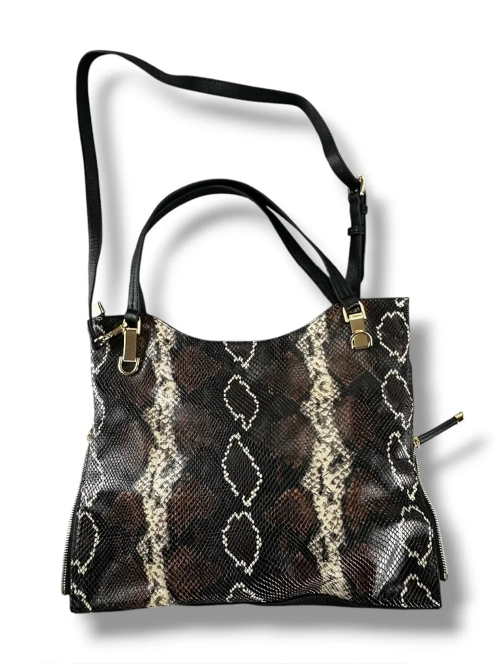 Vince Camuto Emely Snake Embossed Leather Tote Handbag Brown Black Cream Large